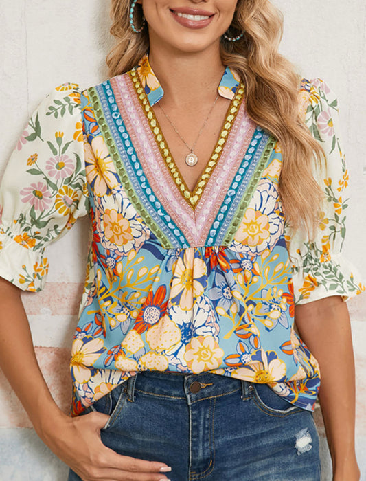 Multicolour Crochet V Neck HalfSleeve Boho Floral Blouse