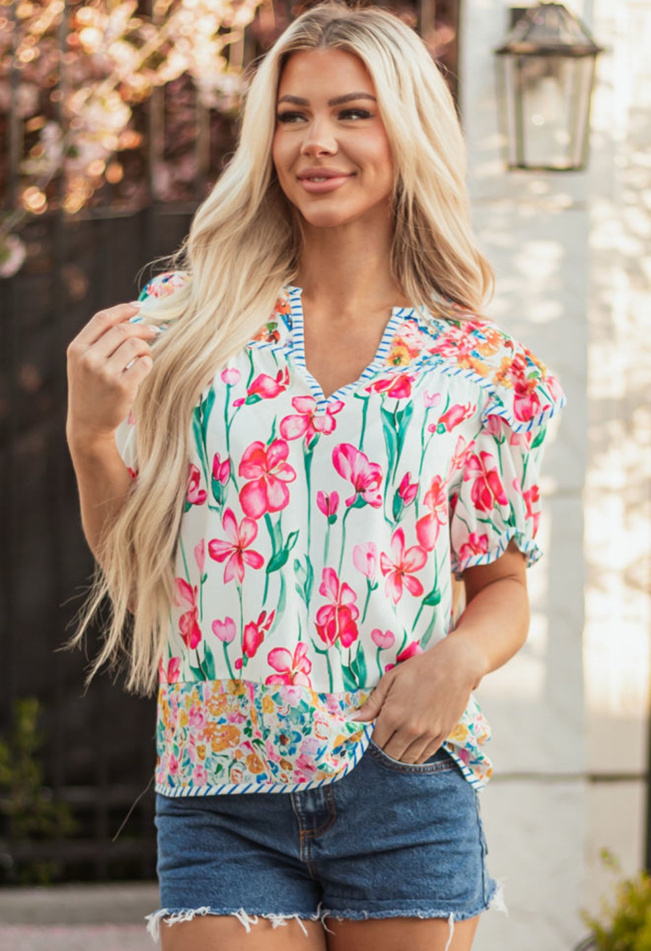 Pink Floral Print Striped Detail Split Neck Short Sleeve Blouse