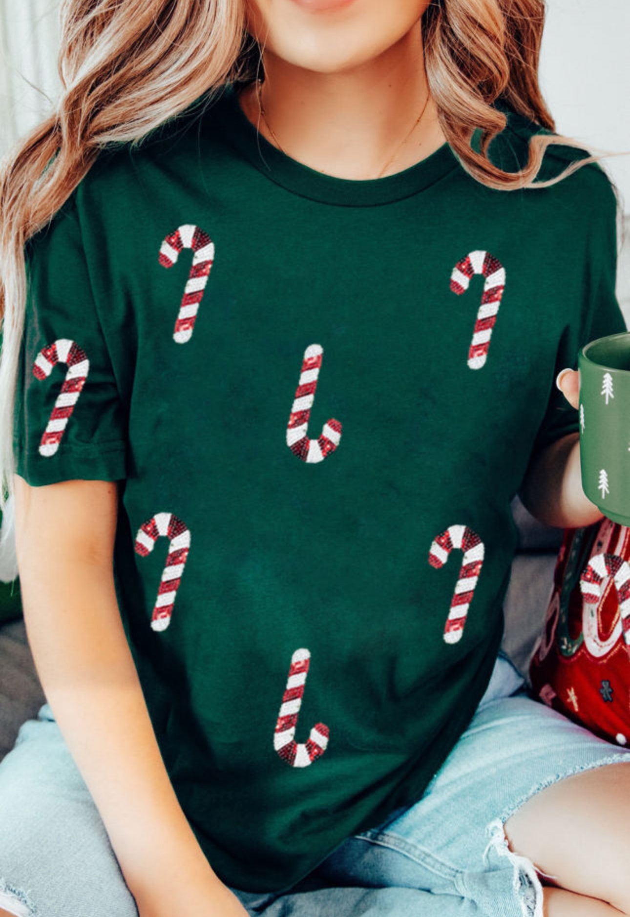 Green Christmas Candy Cane Graphic Casual T Shirt