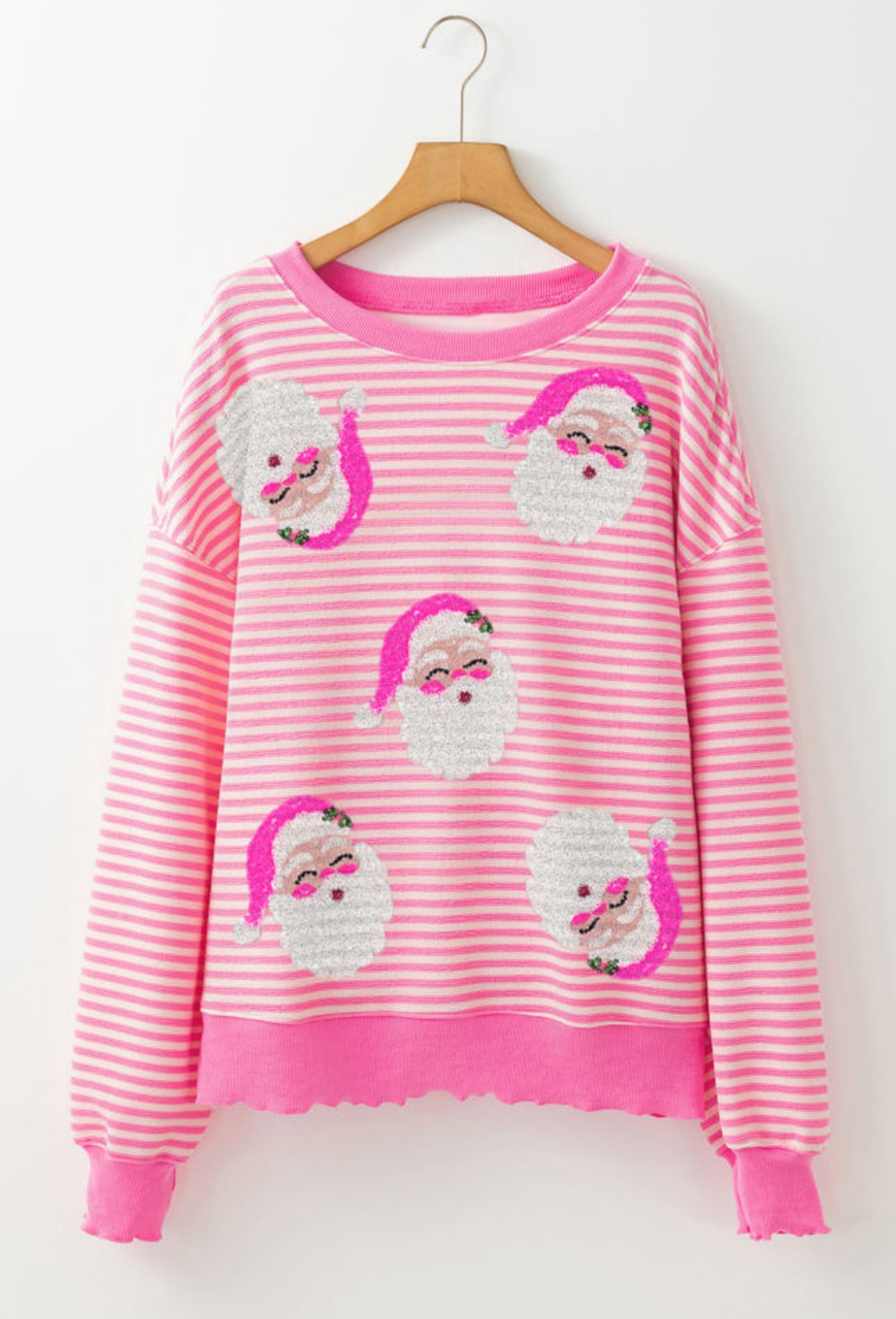 Pink Stripe Sequin Santa Clause Print Long Sleeve Oversized Top