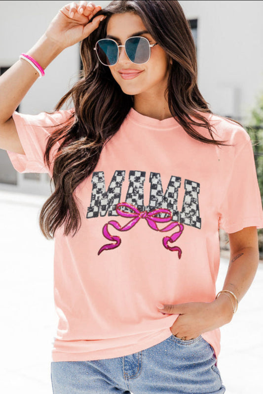 Pink Sequin Checkered MAMA Bow Graphic T Shirt