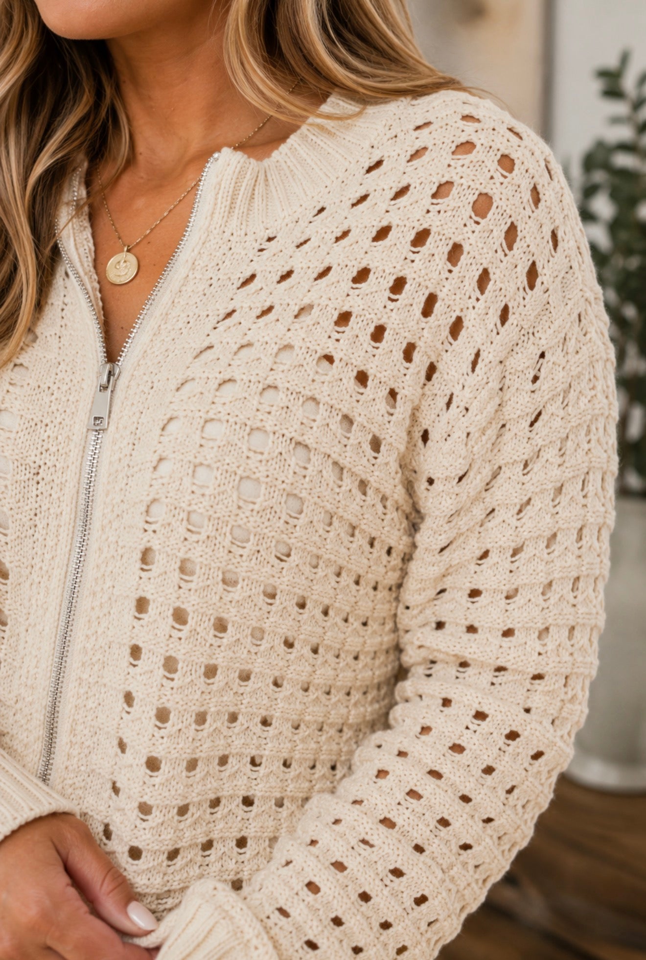 Beige Hollowed Pattern Knit Zip Up Drop Shoulder Sweater Cardigan - PREORDER