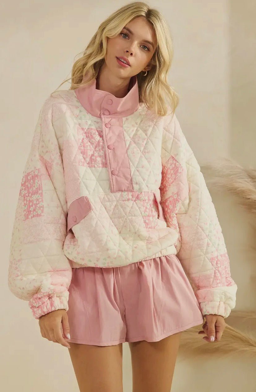 Textured Contrast Printed Quarterzip Sweatshirt