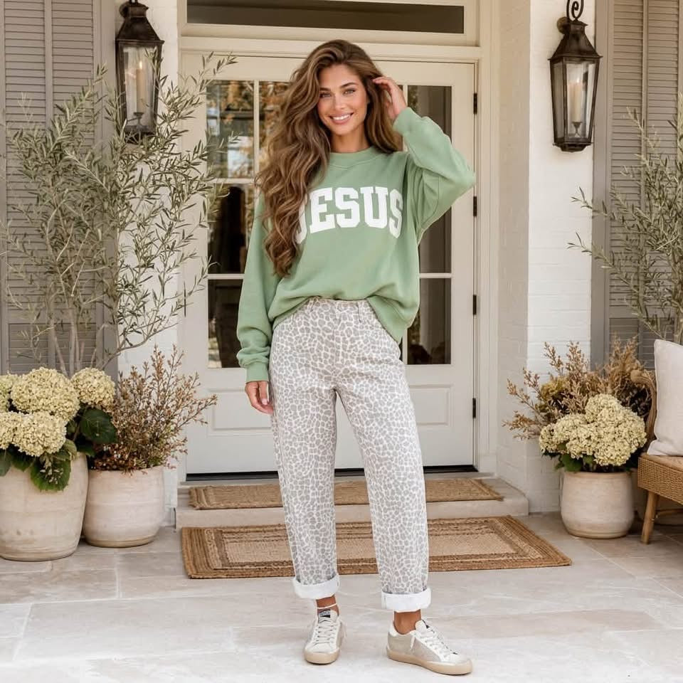 Meadow Mist Green JESUS Letter Print Exposed Seam Mock Neck Baggy Sweatshirt - PREORDER