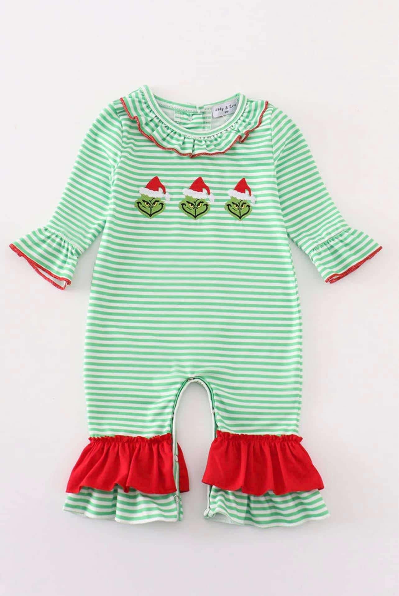 GREEN CHRISTMAS GRINCH EMBROIDERY GIRL ROMPER