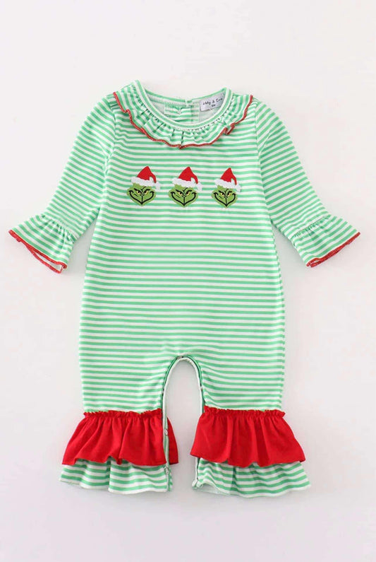 GREEN CHRISTMAS GRINCH EMBROIDERY GIRL ROMPER