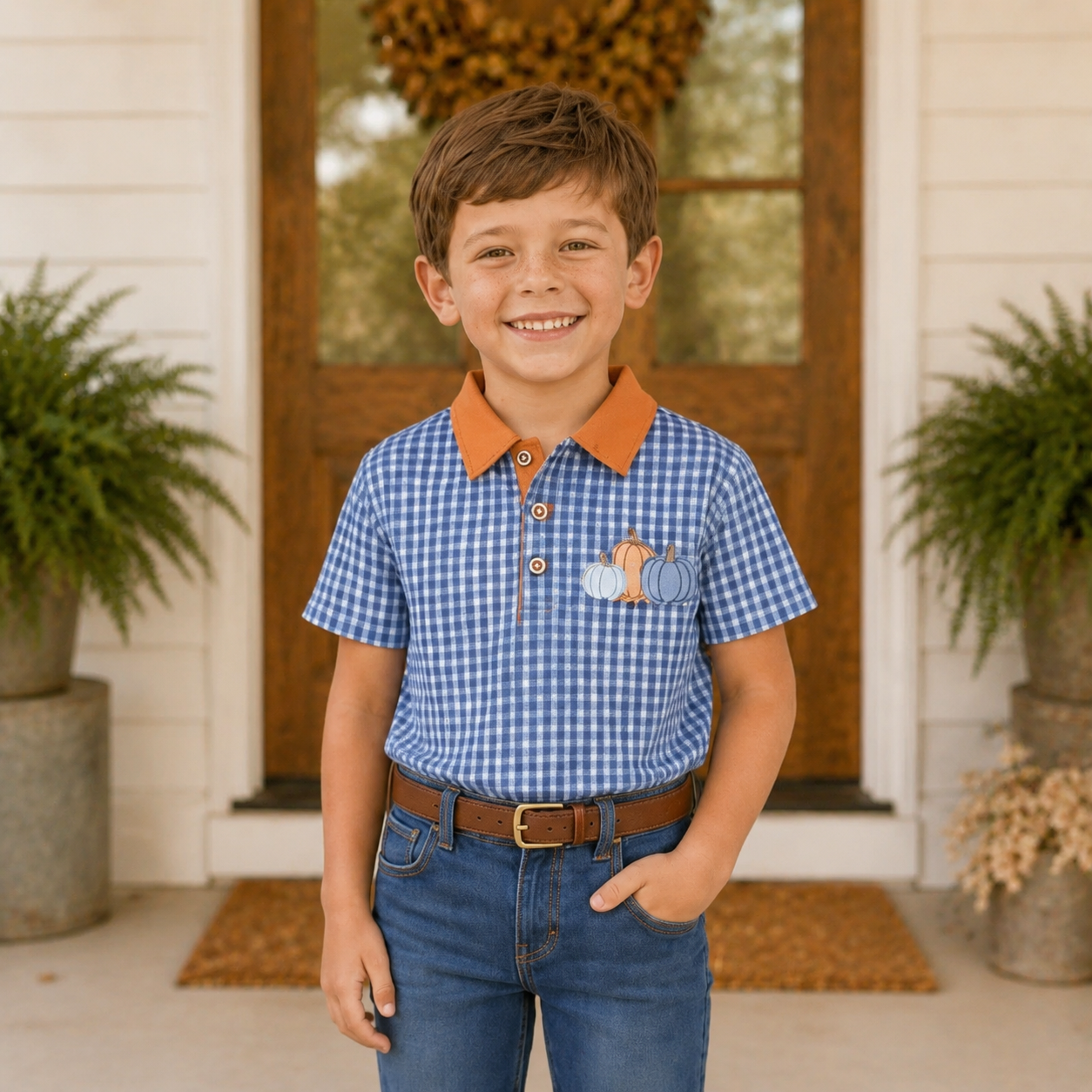 Boys Navy Gingham Pumpkin Polo - PREORDER
