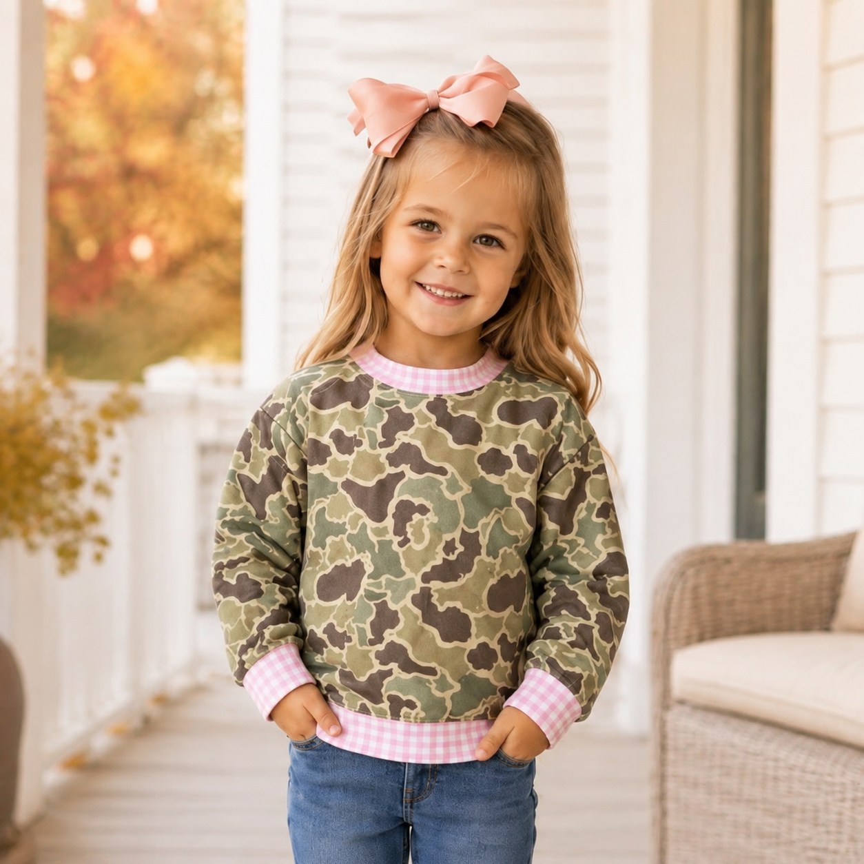 Pink Gingham Camo Mock Neck - PREORDER