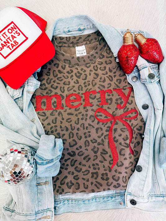 Leopard Puff Glitter Merry T Shirt - PREORDER
