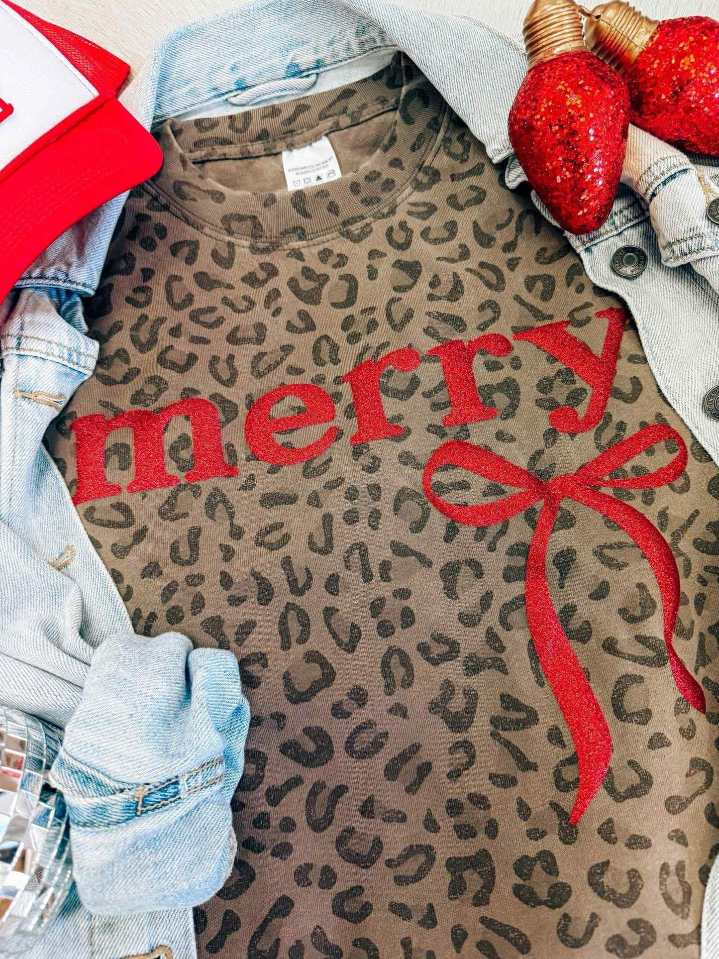 Leopard Puff Glitter Merry T Shirt - PREORDER