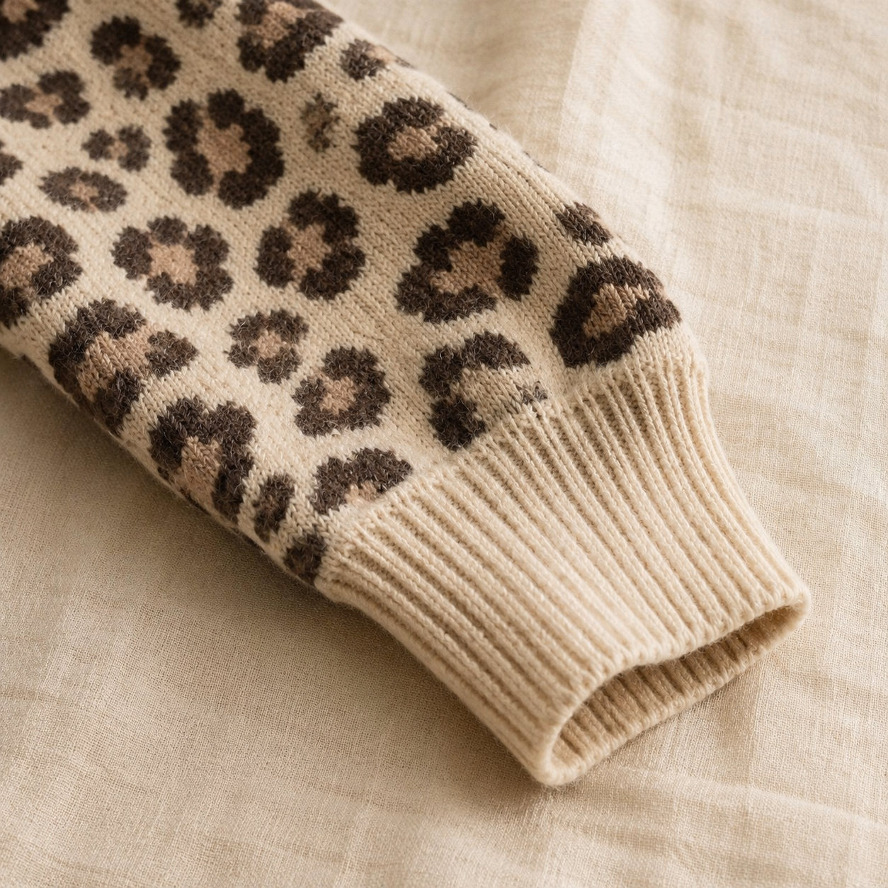 Beige Leopard Print Ribbed Color Block Trim Pullover Sweater - PREORDER