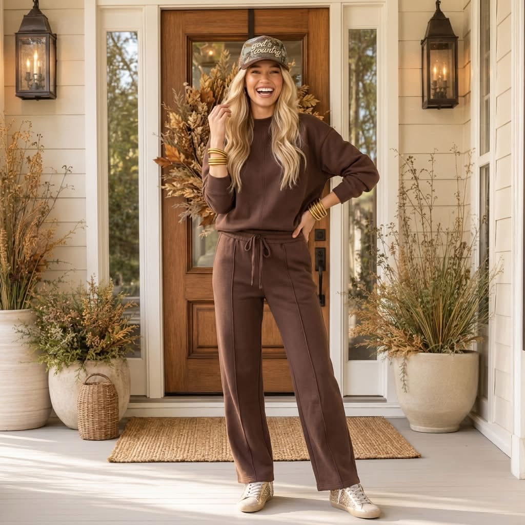 Coffee Solid Color Piping Trim Mock Neck Pullover Drawstring Pants Set - PREORDER