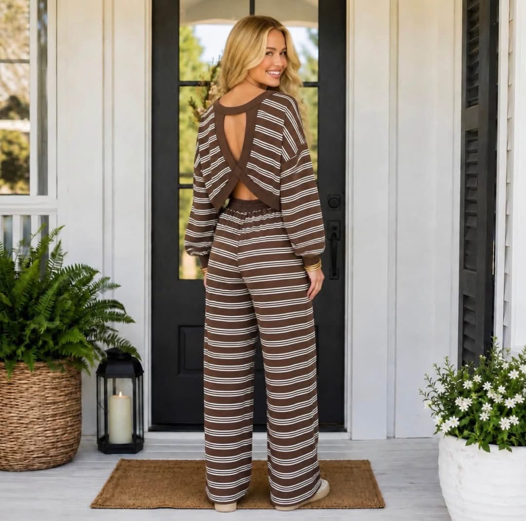Brown Stripe Back Cutout Long Sleeve Top and Wide Leg Pants 2pcs Set - PREORDER
