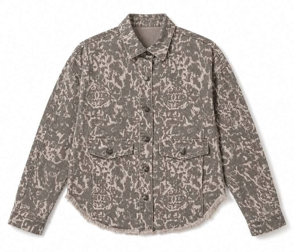 Khaki Abstract Print Long Sleeve Collar Raw Hem Denim Jacket - PREORDER
