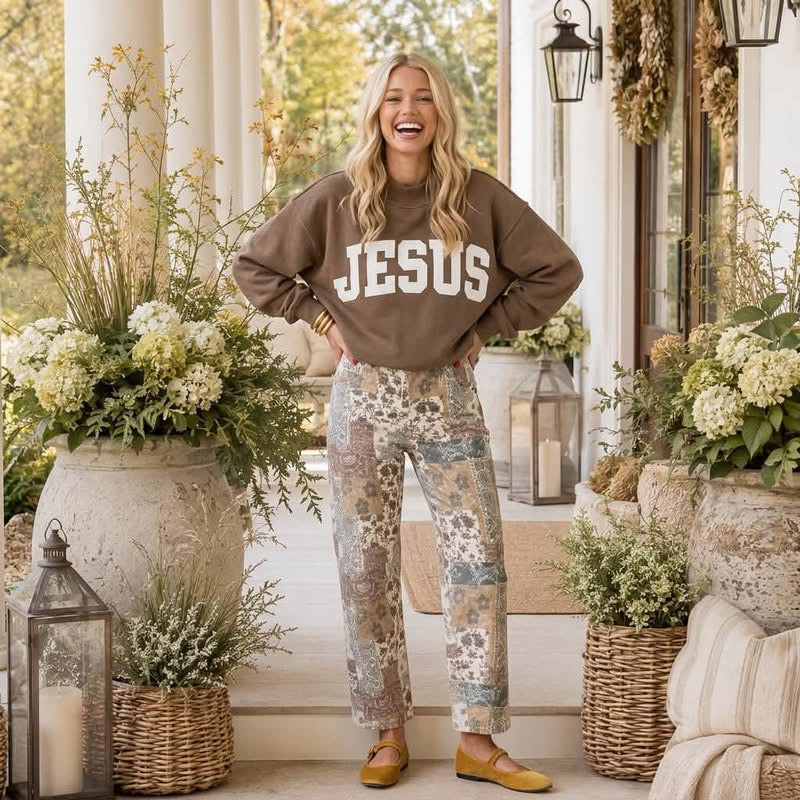 Dark Khaki JESUS Letter Print Exposed Seam Mock Neck Baggy Sweatshirt - PREORDER