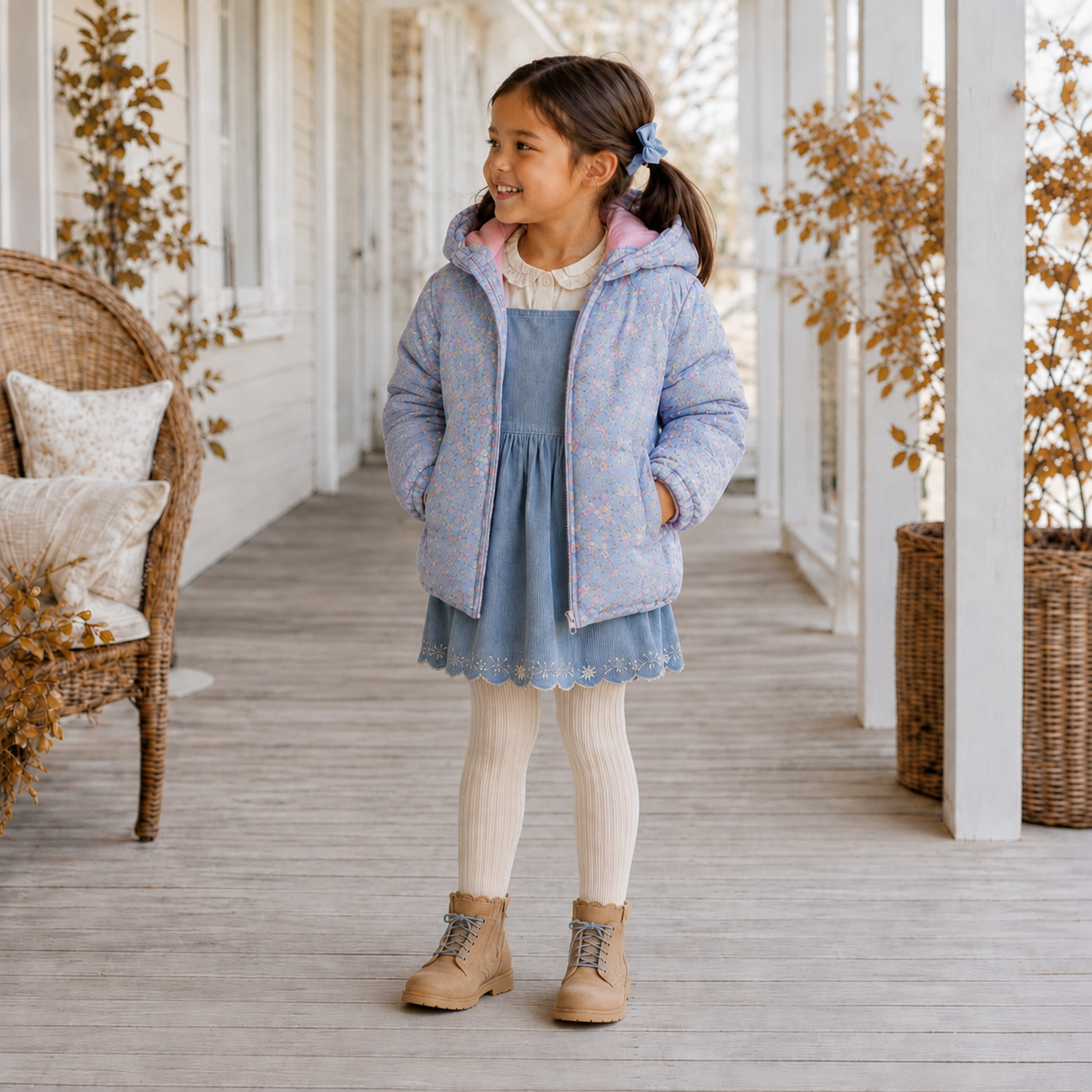 Girls Blue Floral Puffer Coat - PREORDER