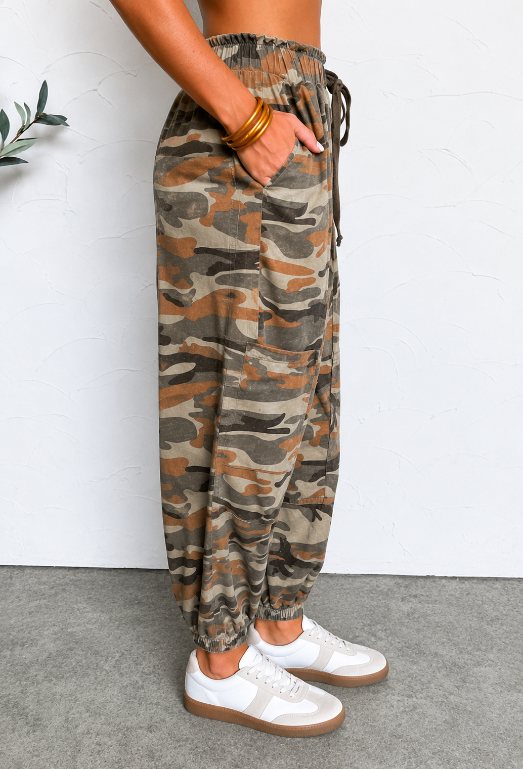 Green Camouflage Printed Drawstring Elastic Waist Jogger Pants - PREORDER
