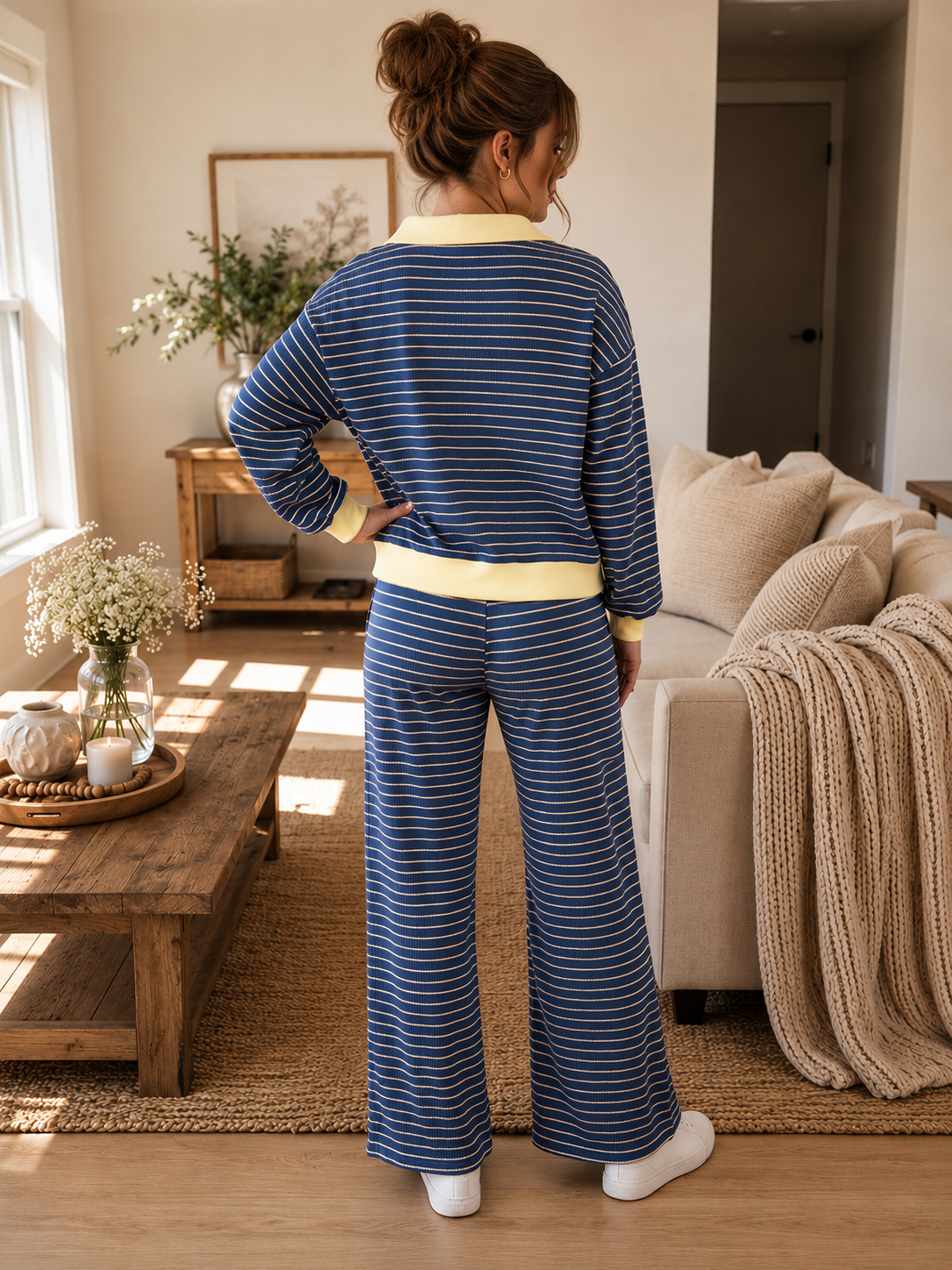 Blue Stripe Color Block Patchwork Zip V Neck Pullover Loose Pants 2pcs Set