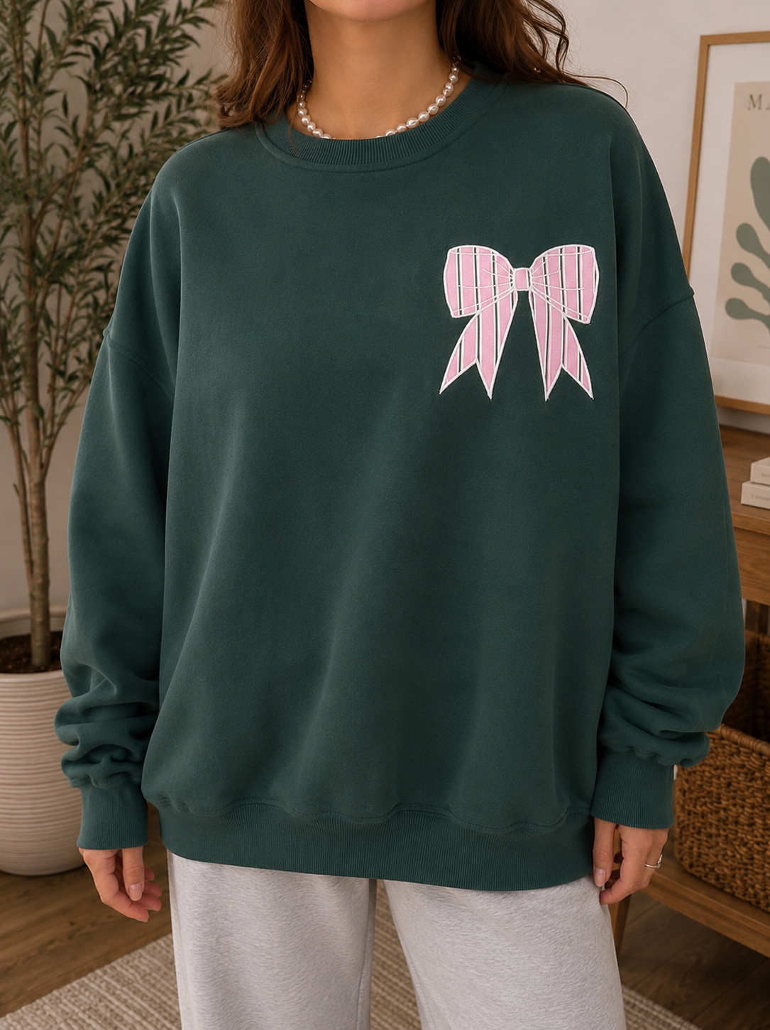 Green Striped Bow Graphic Oversized Sweatshirt - PREORDER