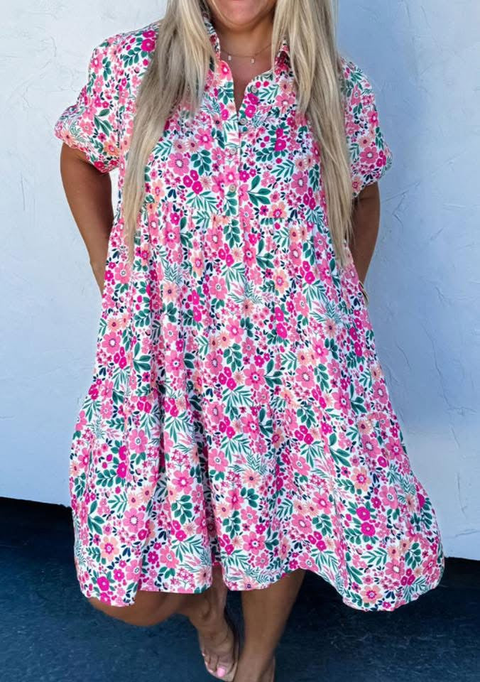 Pink Plus Size Floral Half Button Short Puff Sleeve A-line Dress - PREORDER
