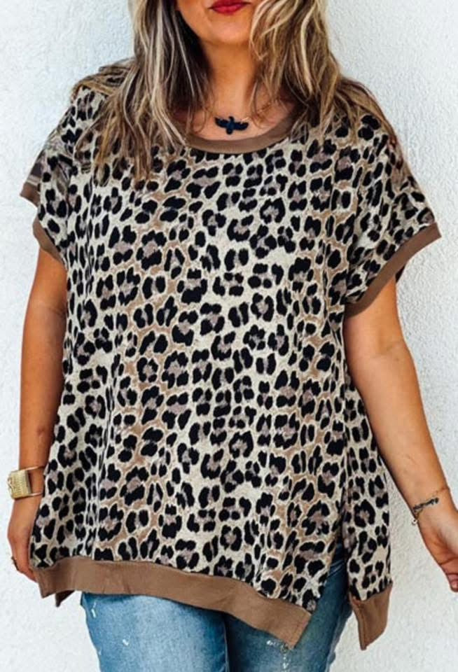 Khaki Leopard Contrast Trim Short Sleeve Loose Plus Size Top - PREORDER