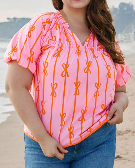 Rose Bowknot Print Shirred V Neck Puff Sleeve Plus Size Blouse - PREORDER