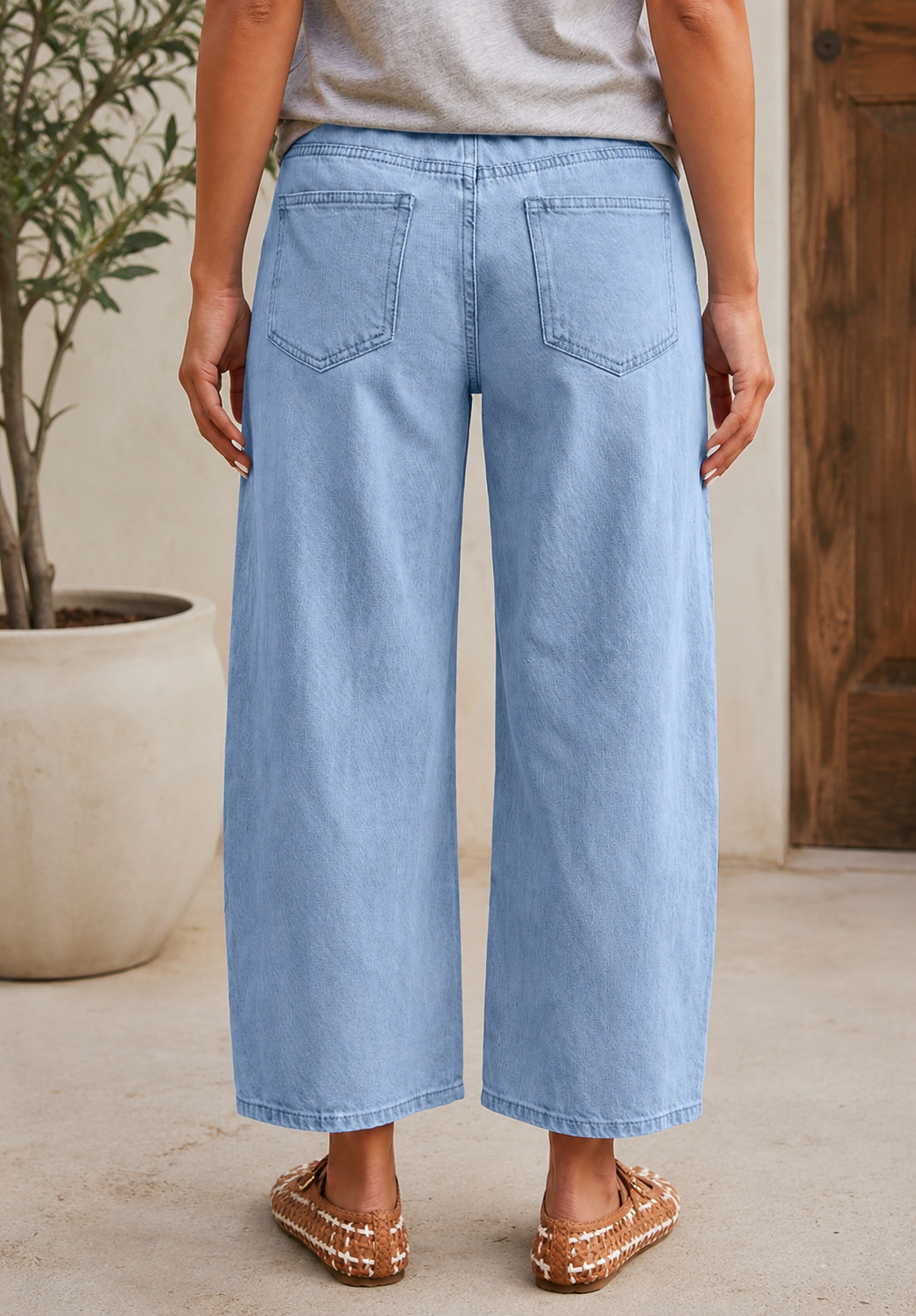 Beau Blue Solid Color Square Patch Pocket Ankle-length Barrel Jeans - PREORDER
