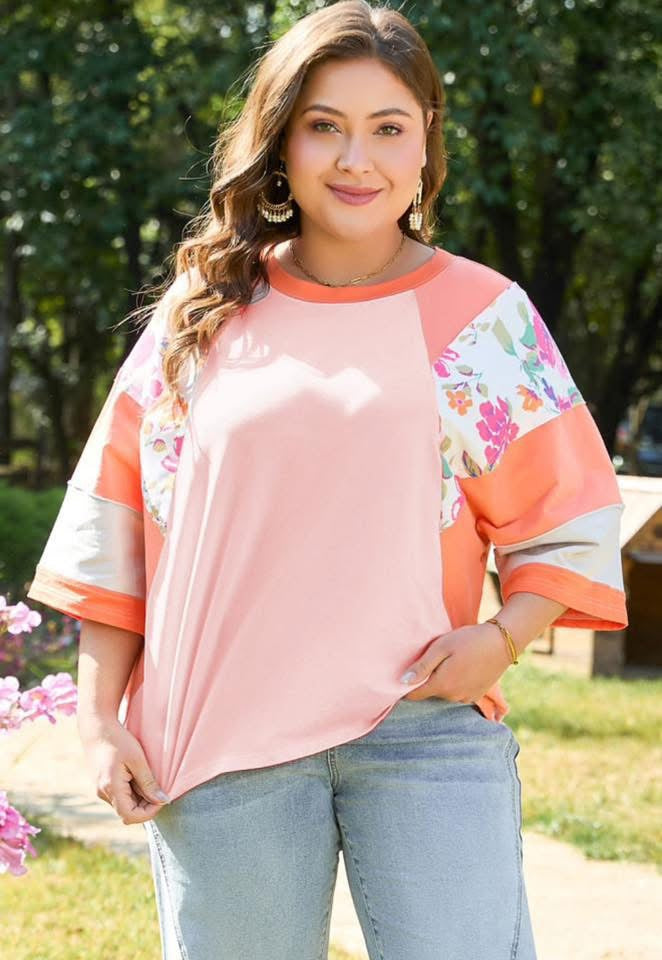 Orange Plus Size Floral Print Patchwork Raglan Half Sleeve Top  - PREORDER