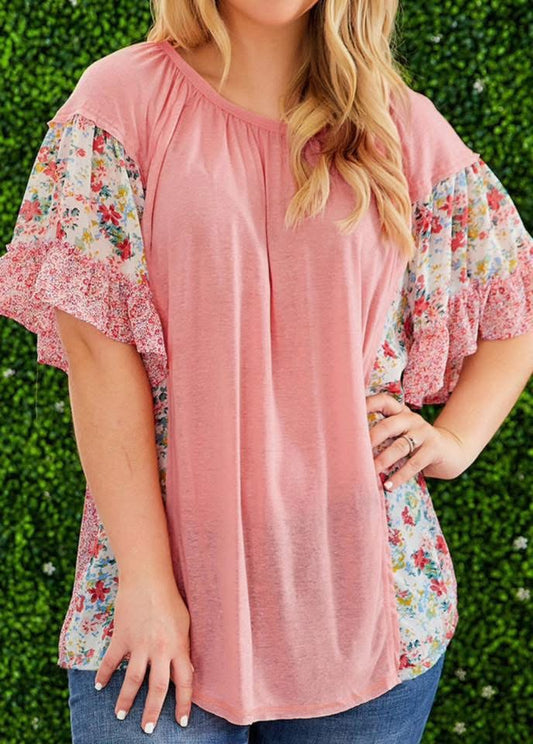 Pink Plus Size Floral Patchwork Ruffled Short Sleeve Blouse - PREORDER