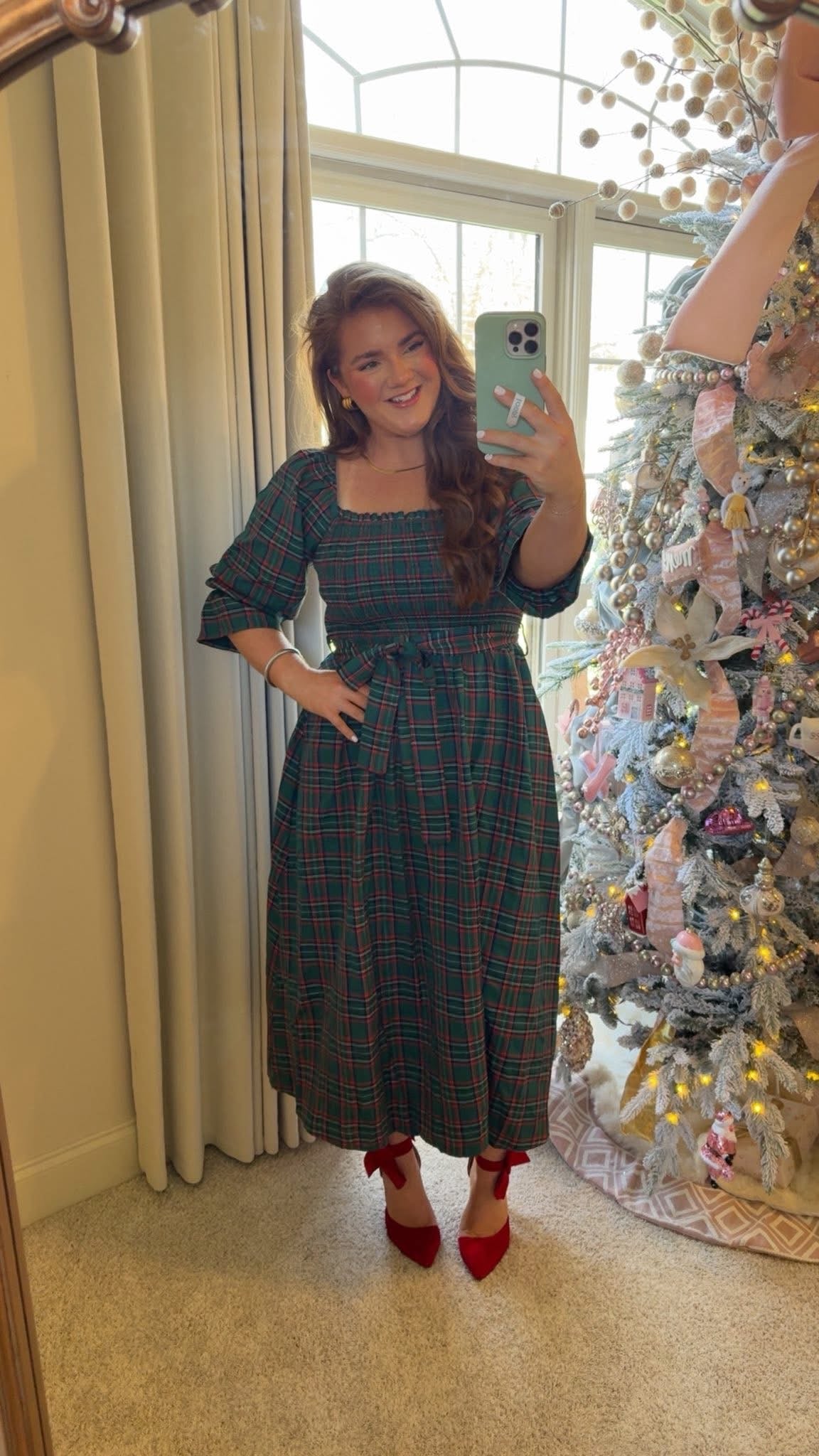 Green Tartan Plaid Square Neck Puff Sleeve Knot Waist Flared Midi Dress