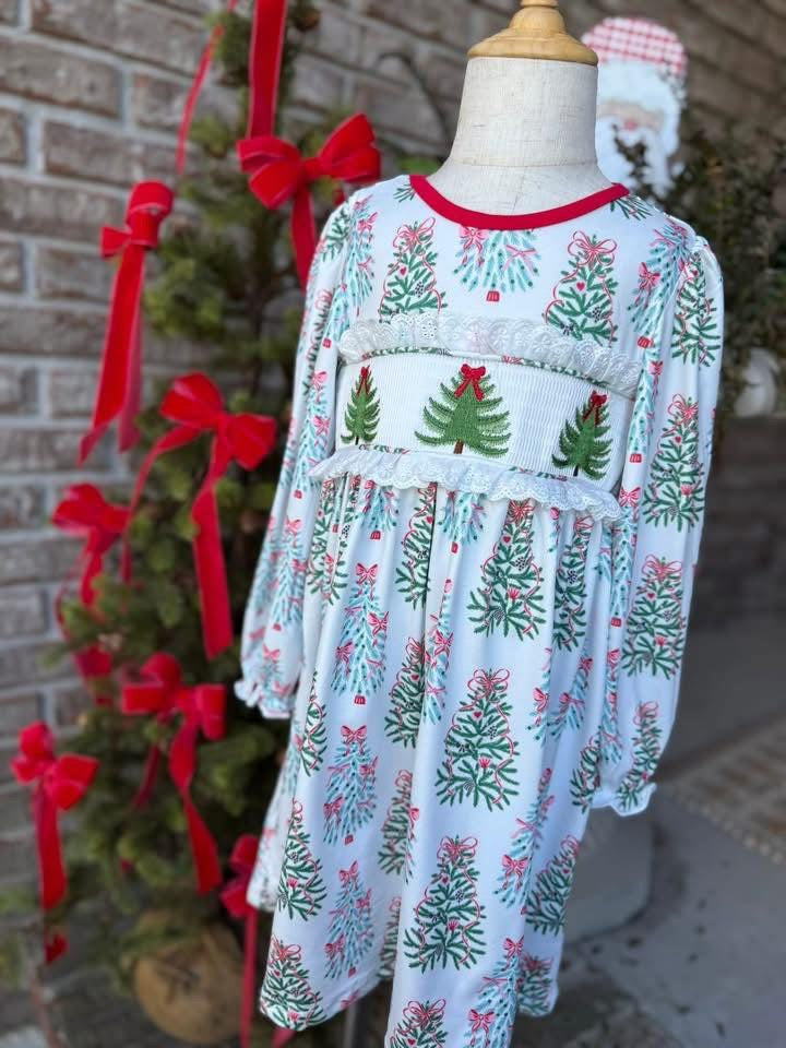 Girls Christmas Tree Smocked Dress