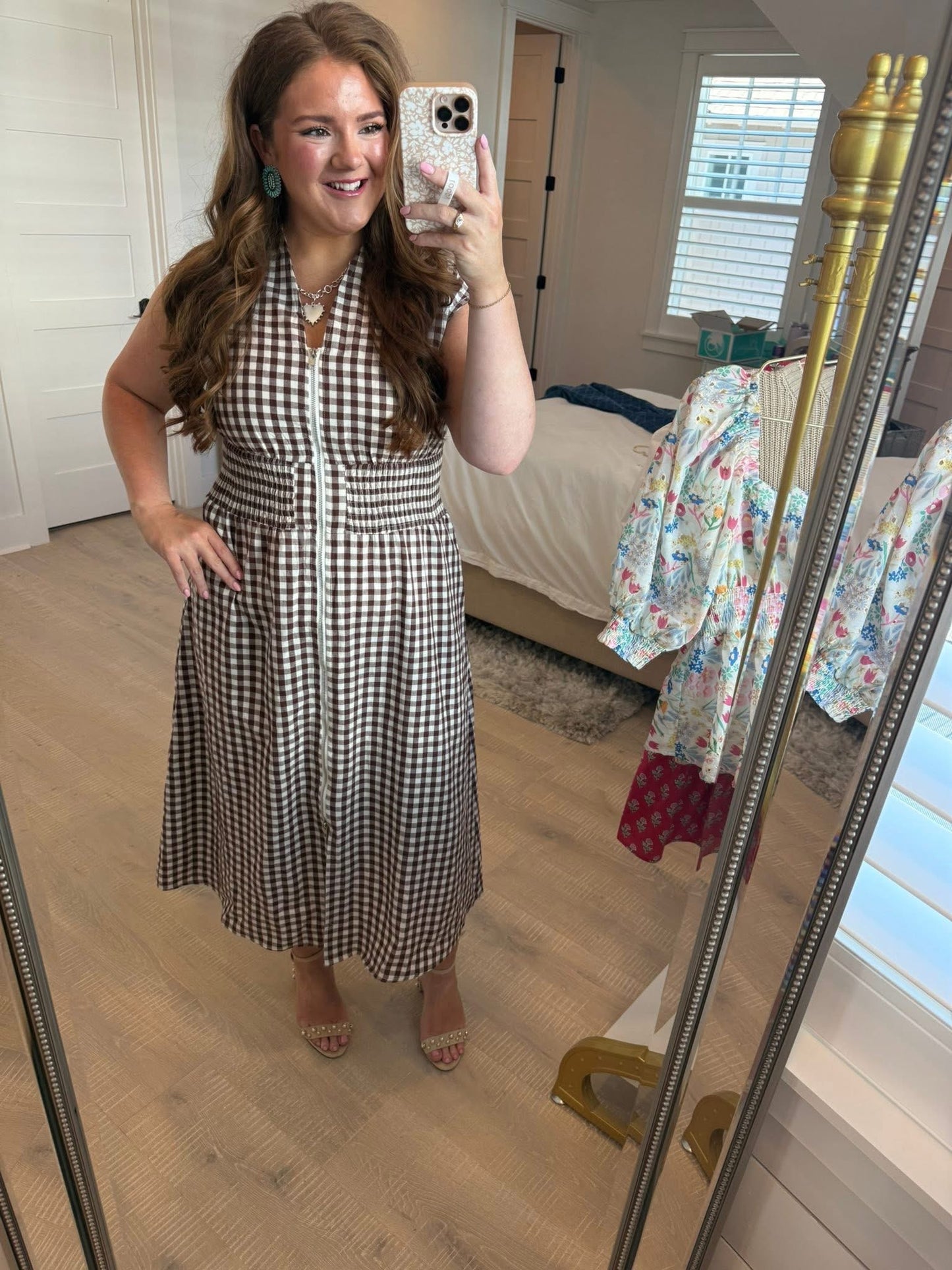 Coffee Plaid Print Full Zipper Cinched Waist Fit Flare Sleeveless Maxi Dress