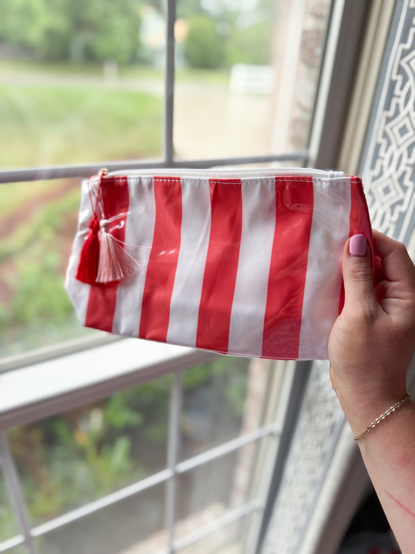 Striped Vinyl Waterproof Tassel Zipper Makeup Bag