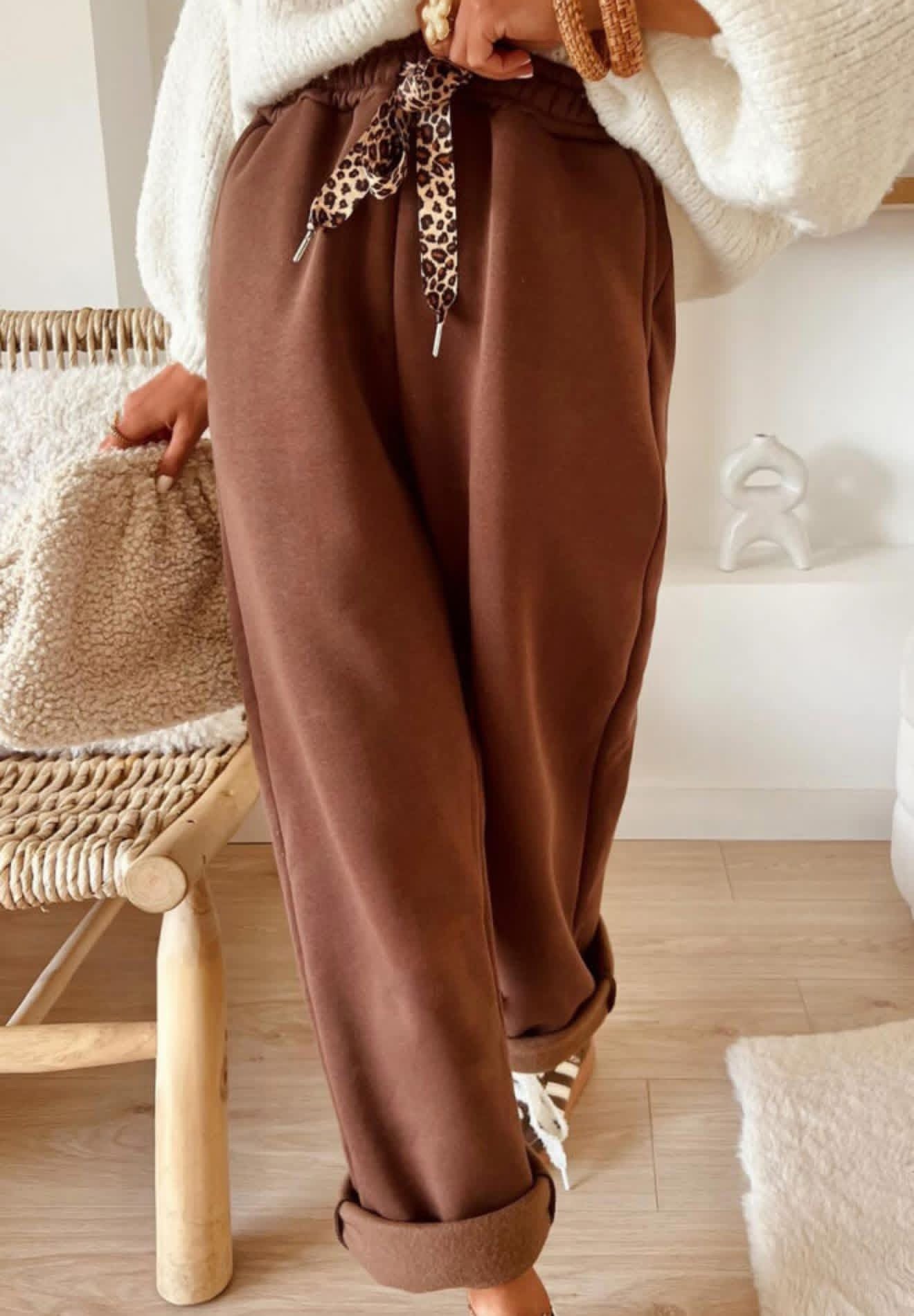 Brown Fleece Lined Leopard Drawstring Elastic Waist Solid Pants - PREORDER