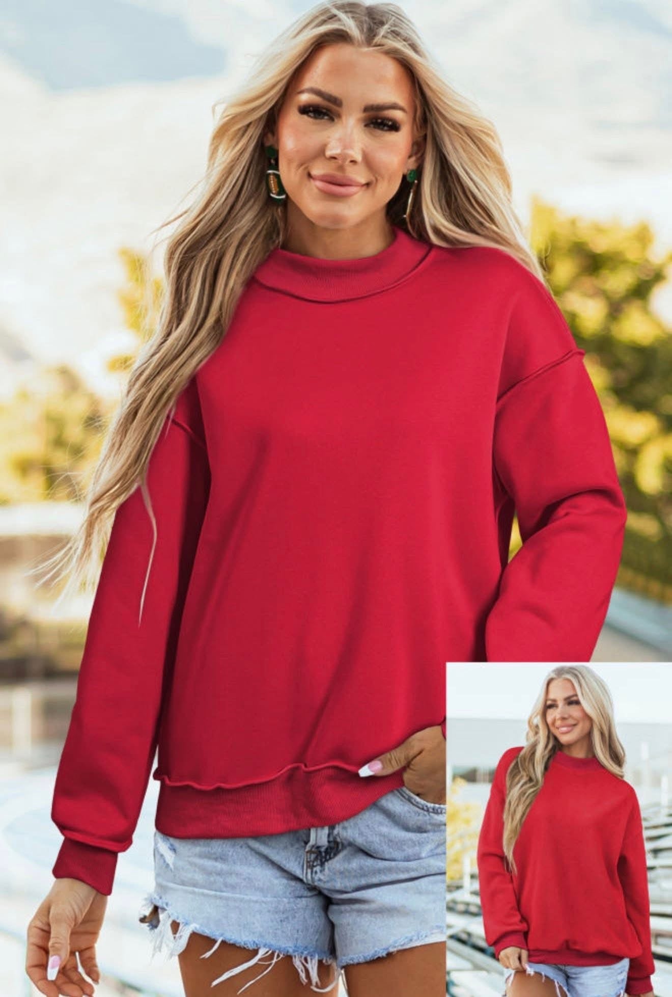 Red Oversize Drop Shoulder Reversible Mock Neck Sweatshirt - PREORDER
