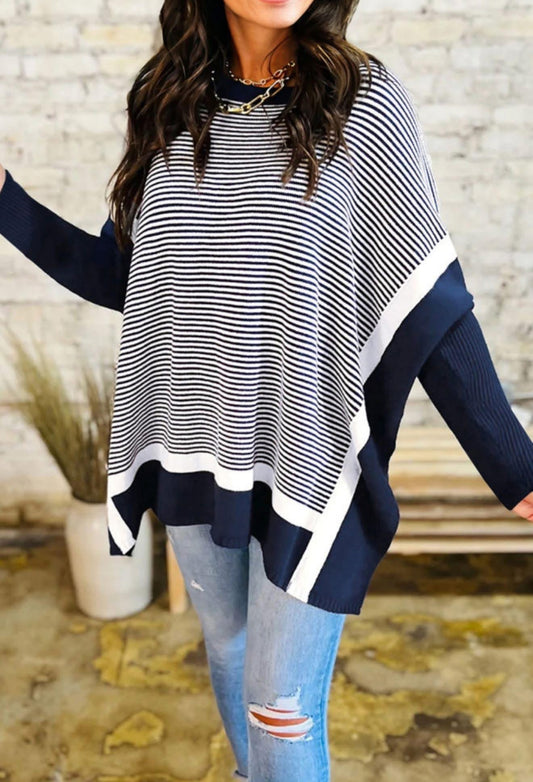Blue Stripe Color Block Patchwork Dolman Oversize Tunic Sweater