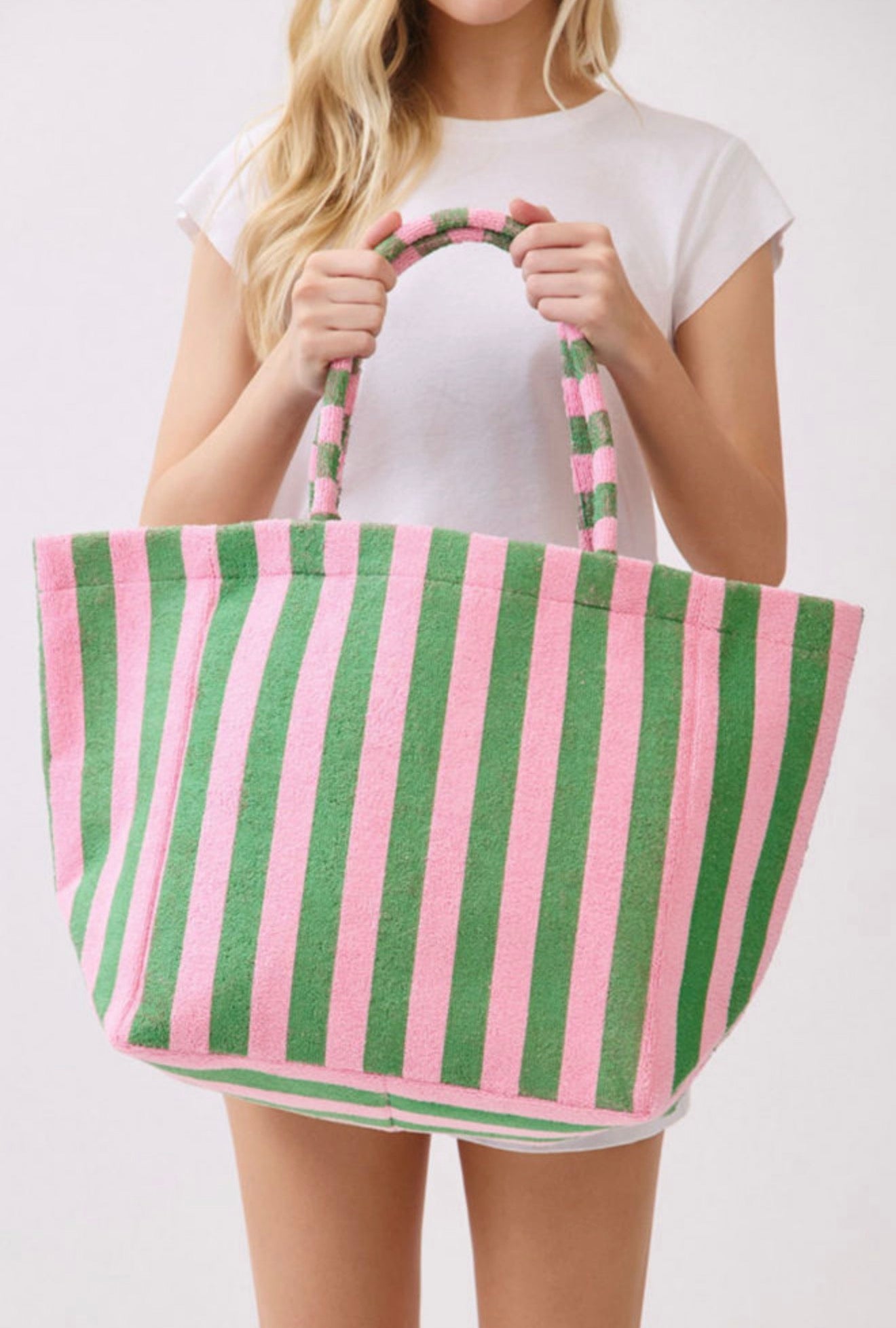 Green Stripe Terry Large Beach Tote Bag