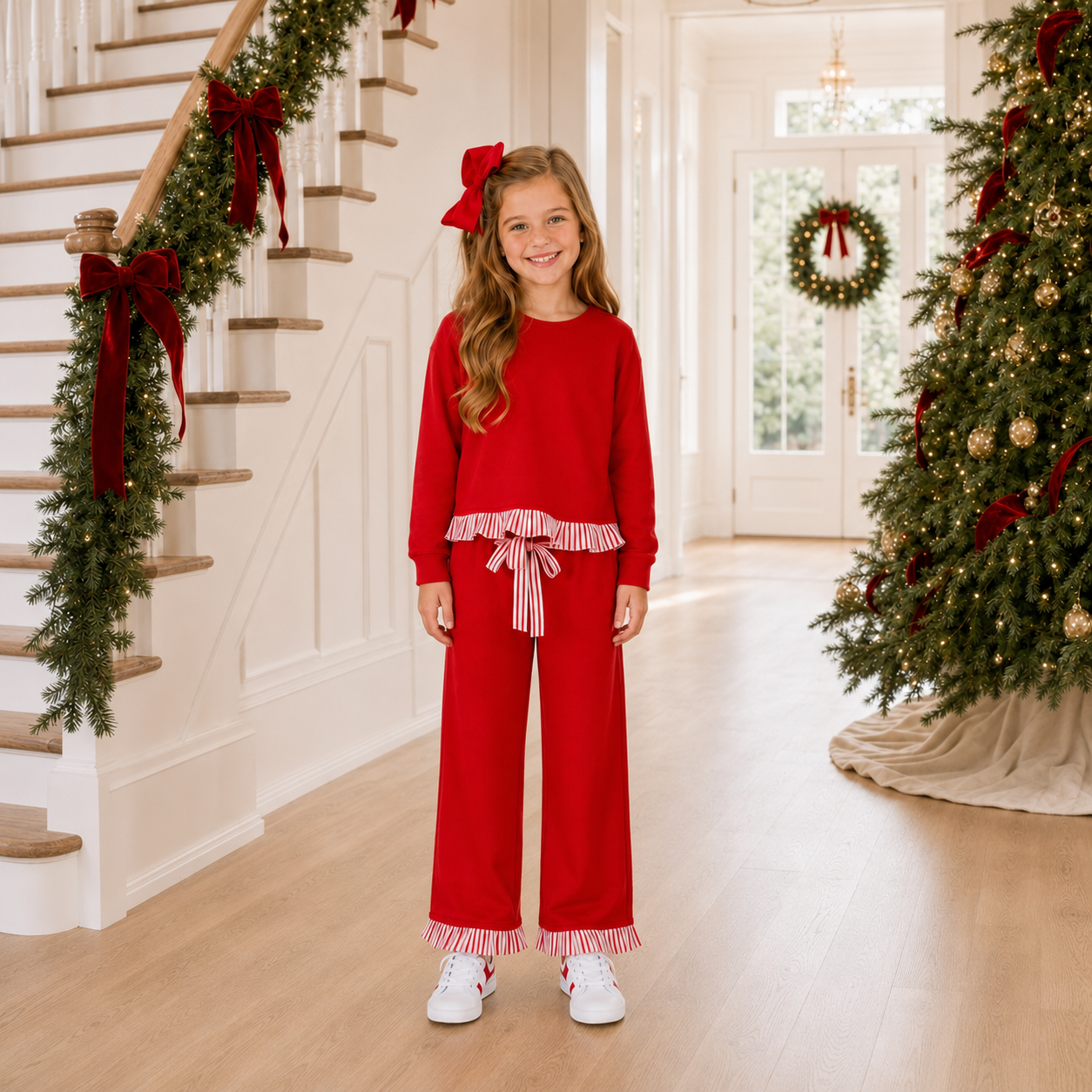 Girls Red Ruffle Detail Pant Set- PREORDER