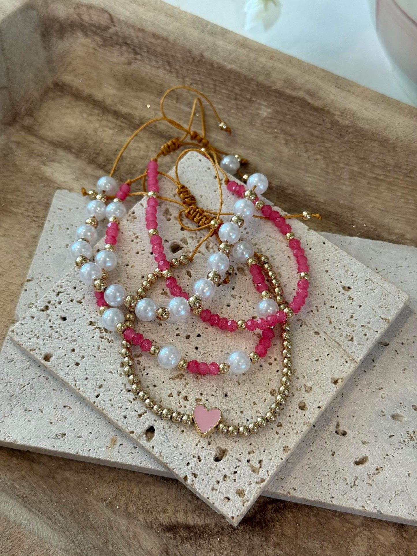 Pink Polyhedral Pearl Golden Beads Adjustable String 4pcs Bracelet Set