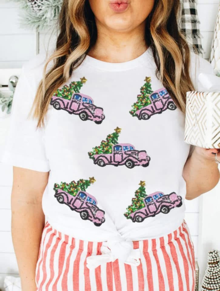 White Truck Christmas Tree Patched Pattern Crewneck Tee