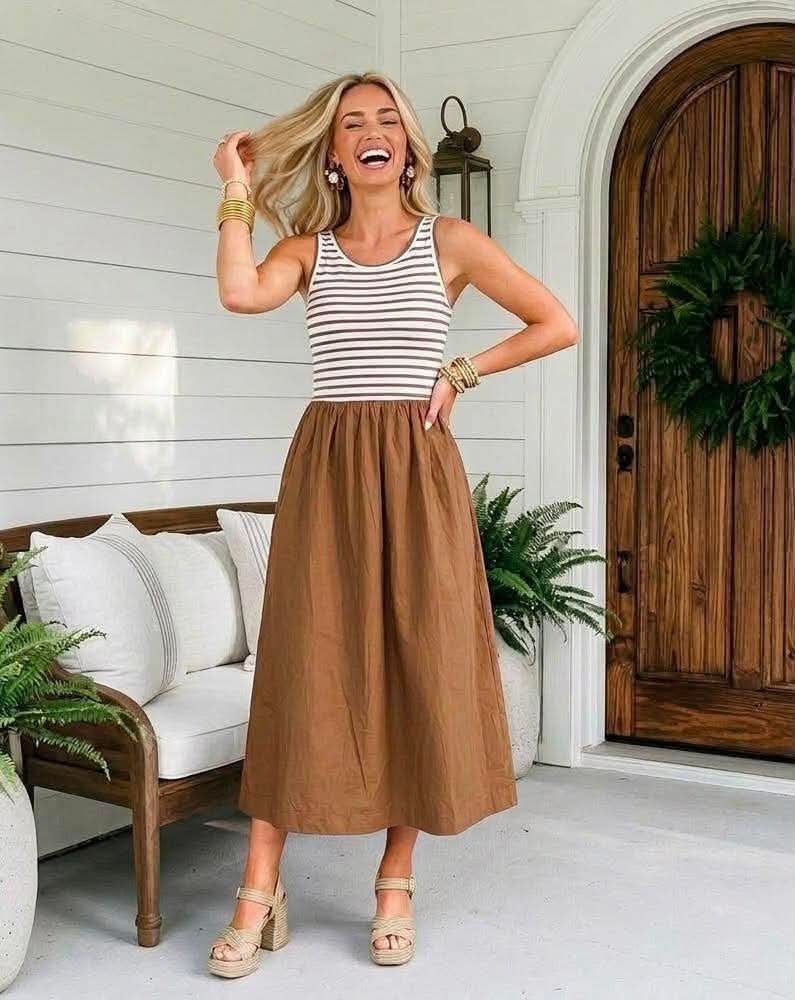Chestnut Striped Colorblock Patchwork Sleeveless Casual Long Dress - PREORDER