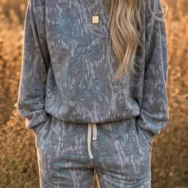 Camo Print Loose Pullover Drawstring Pants 2pcs Set - PREORDER