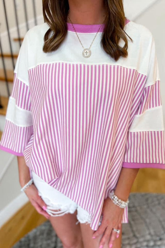 Pink Stripe Patchwork Bracelet Sleeve Plus Size T Shirt PREORDER