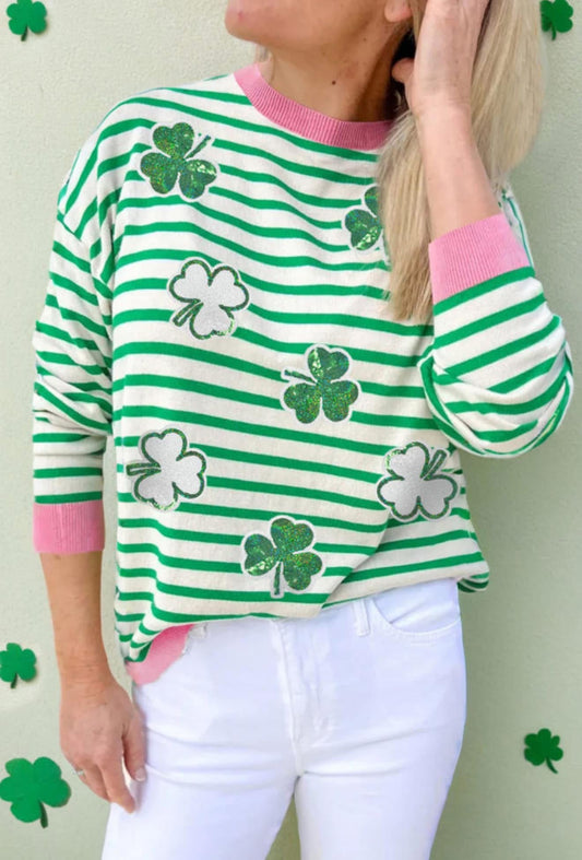 Green Striped Sequin CloverGraphic St Patrick Top