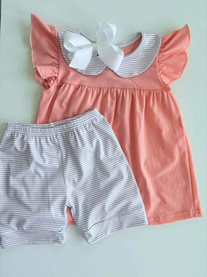 Girls Peach With Purple & White Stripes Summer Set- PREORDER