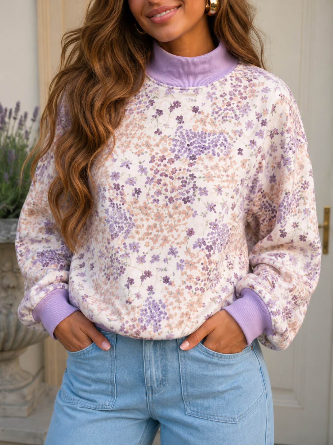 Purple Floral Print High Neck Colorblock Sleeve Paneling Sweatshirt - PREORDER