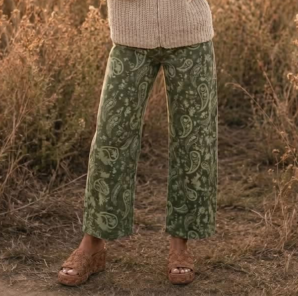 Green Paisley Print Harem Denim Pants - PREORDER