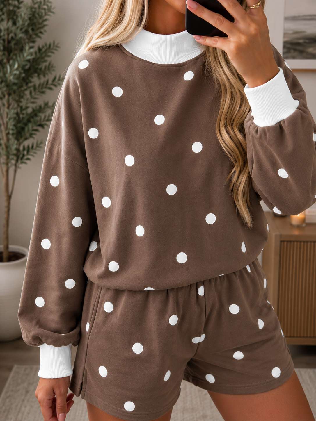 Brown Polka Dot Ribbed Trim Long Sleeve Top Casual Short Set - PREORDER