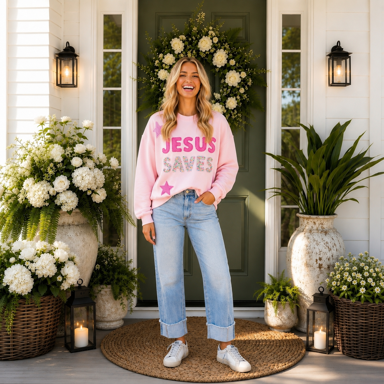 Pink Patchwork Jesus Saves Stars Plaid Unique Floral Letters Baggy Sweatshirt - PREORDER