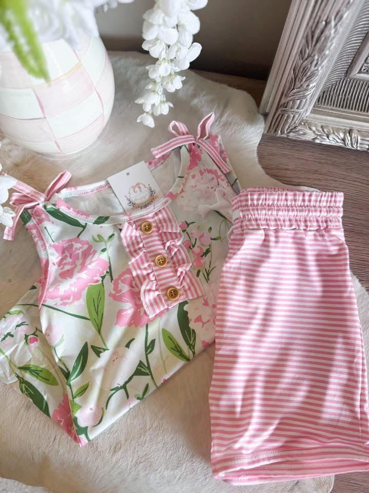 GIRLS PINK FLORAL SUMMER SHORT SET